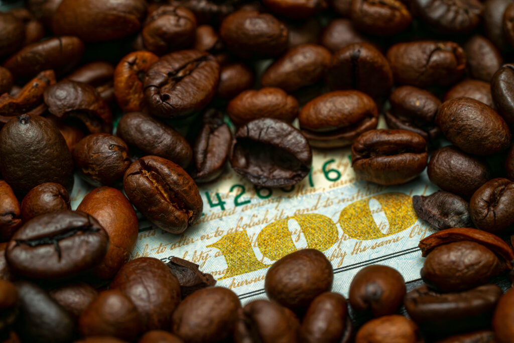 Dark roasted coffee beans elegantly lie around a crisp hundred dollar bill, symbolizing the connection between quality coffee and money in a creative display.