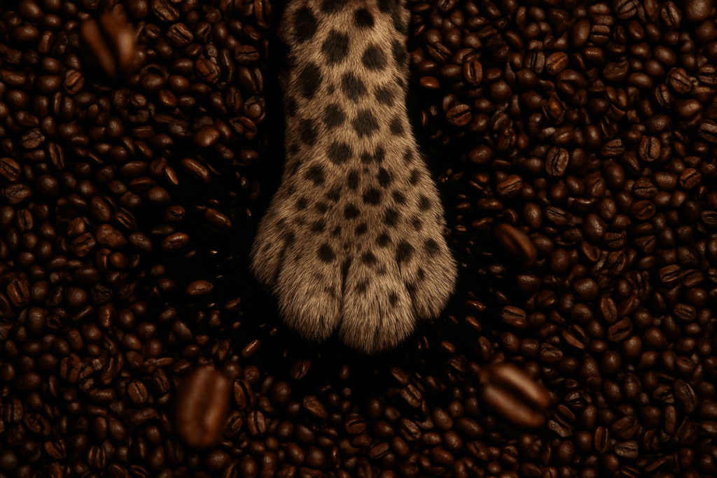 Patte de léopard dans des grains de café 