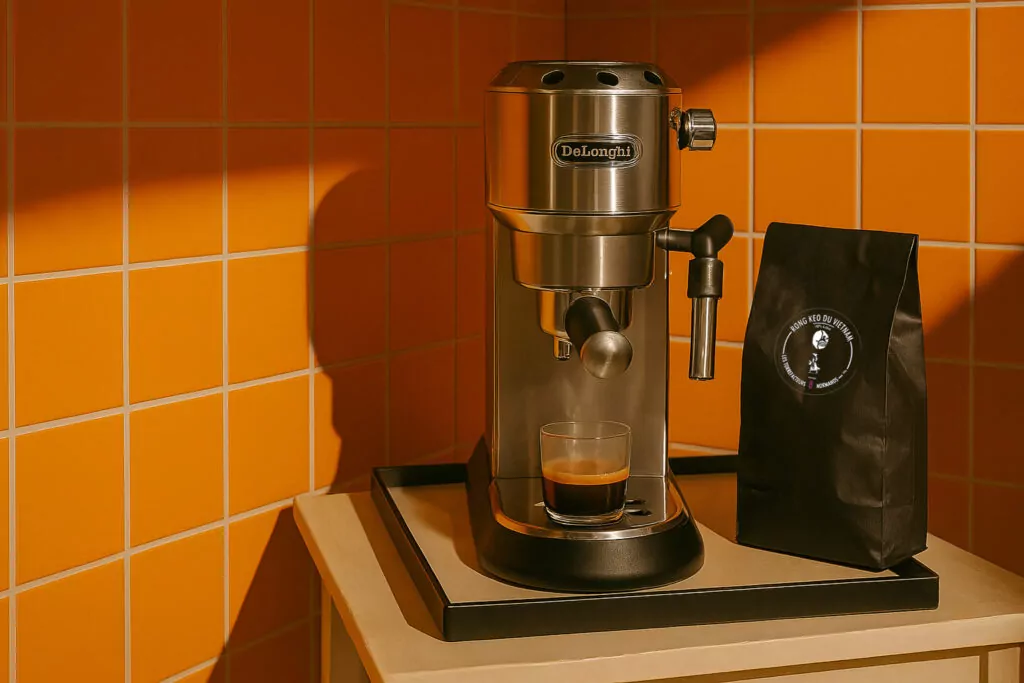 Machine à café Delonghi illustrant la gamme d'accessoires pour le café proposée par Les Torréfacteurs Français