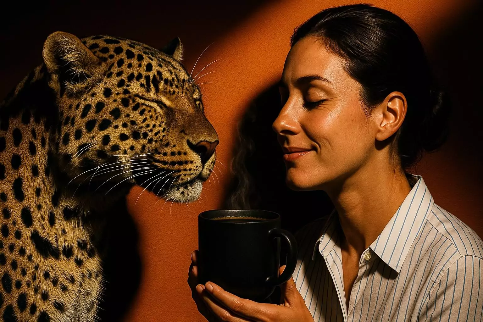 Une femme et un léopard qui sentent l'odeur du café Les Torréfacteurs Français.