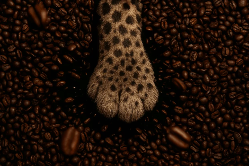 Patte de léopard dans des grains de café 